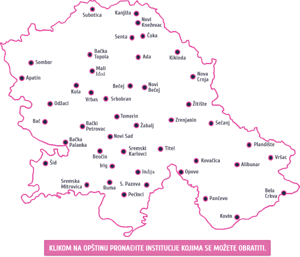 Mapa Vojvodine — dodirnite ili pređite mišem preko opštine da pronađete institucije
