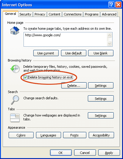 Internet Explorer — Internet Options dijalog sa označenom opcijom „Delete browsing history on exit”