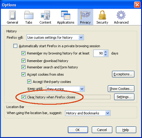 Firefox — Options/Privacy dijalog sa označenom opcijom „Clear history when Firefox closes”